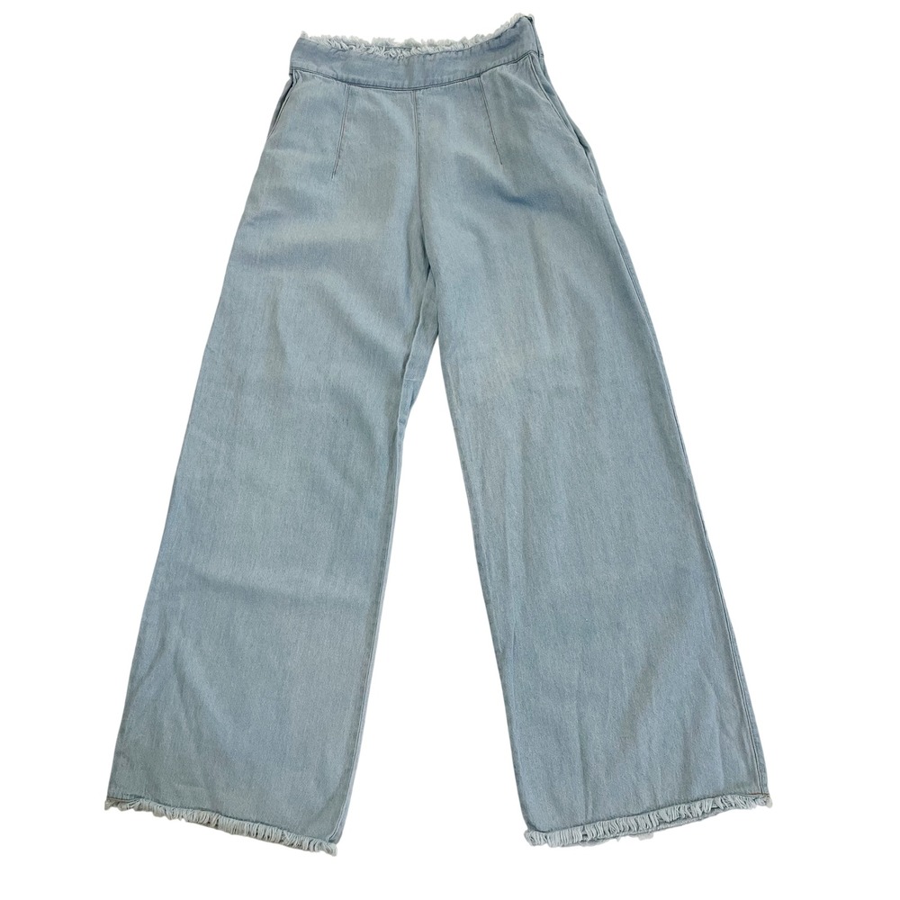 Gianni Bini Light Wash Chambray Denim Wide Leg Boho Frayed Edge Pants Size Small
